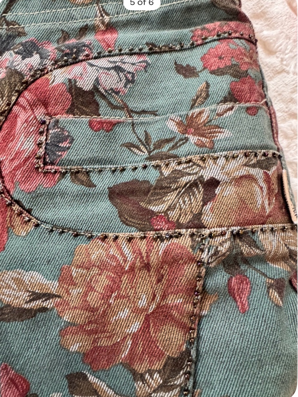 Floral Lowrise Pants in Teal and Rose - Picture 5 of 7